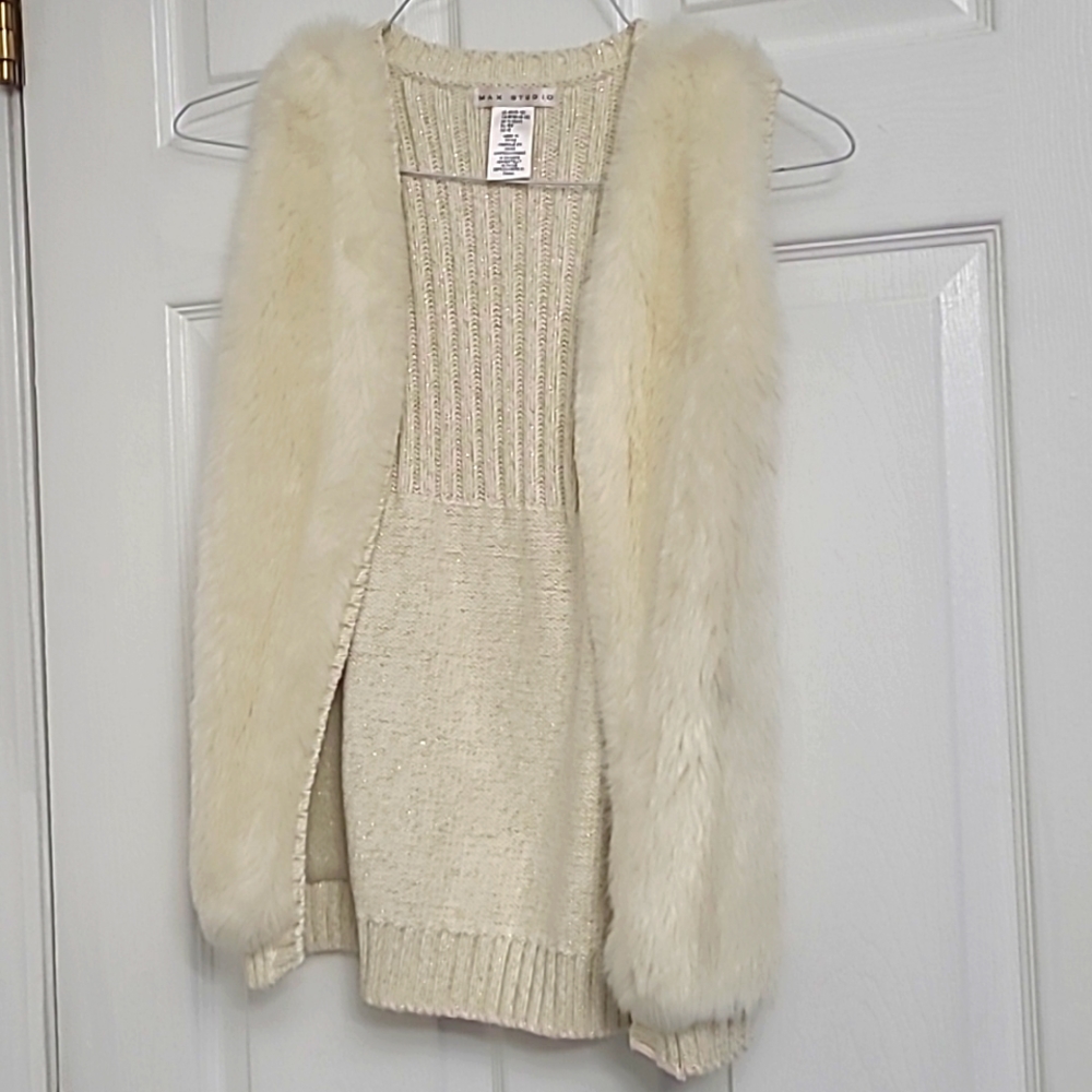 Max Studio White Sparkly Furry Vest